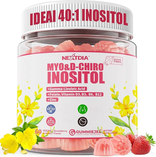 Inositol Gummies Supplement with Evening Primrose Oil for Women - 40:1 Ratio Myo-Inositol 2000mg & D-Chiro Inositol 50mg with Vit D3 B12 & Zinc, Sugar-Free for Natural Balance & Wellness, Vegan (60ct)