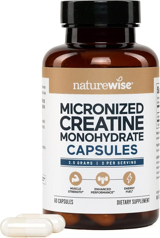 NatureWise Micronized Creatine Monohydrate Pills, 2500mg Per Serving - Creatine for Women & Men - Pure, Unflavored, Supports Lean Muscle Mass, Endurance - 60 Capsules[30-Day Supply]