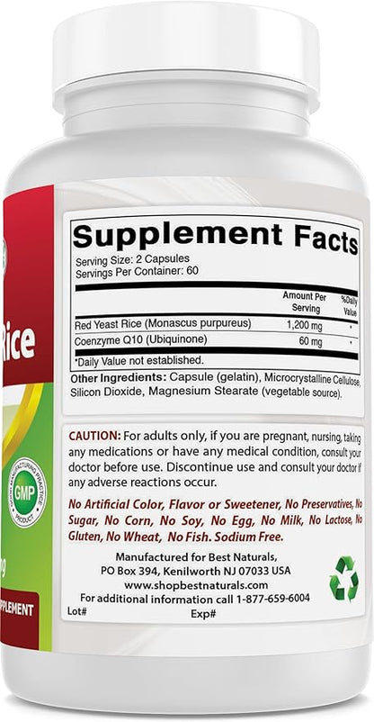 Best Naturals Red Yeast Rice with CoQ10, 120 Capsules - Cardiovascular Formula Contains 600 mg of Red Yeast Rice ans 30 mg of CoQ10