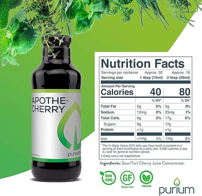 Purium Apothe Cherry - 16 oz - Tart Cherry Supplement, Contains Natural Melatonin, Supports Restful Sleep, Healthy Joint Function & Uric Acid Metabolism - 32 Servings