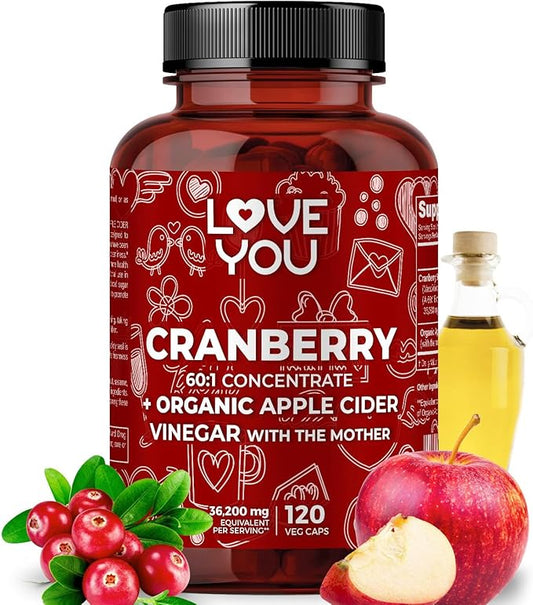 Love You Cranberry 60:1 Extract + Organic Apple Cider Vinegar – Max Strength 36,200 mg Equivalent – 120 Vegan Capsules – Urinary Tract & Digestive Support