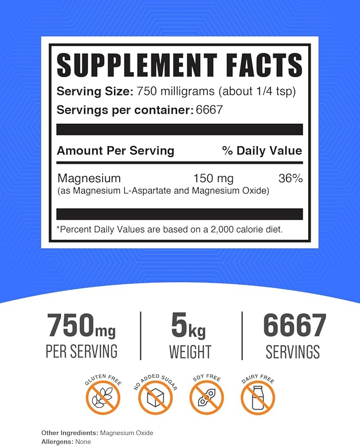 BulkSupplements.com Magnesium L-Aspartate Powder - High Absorption Magnesium, Magnesium Aspartate Powder - Gluten Free, 750mg (150mg of Magnesium) per Serving, 5kg (11 lbs) (Pack of 5)