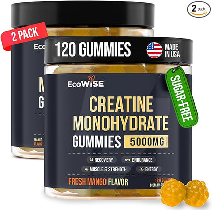 2 Pack Creatine Monohydrate Gummies 5000 mg, Fresh Mango Flavor, 120 Sugar-Free Vegan Chews, Creatine Supplement for Daily Routine
