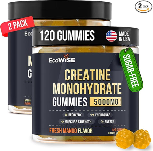 2 Pack Creatine Monohydrate Gummies 5000 mg, Fresh Mango Flavor, 120 Sugar-Free Vegan Chews, Creatine Supplement for Daily Routine