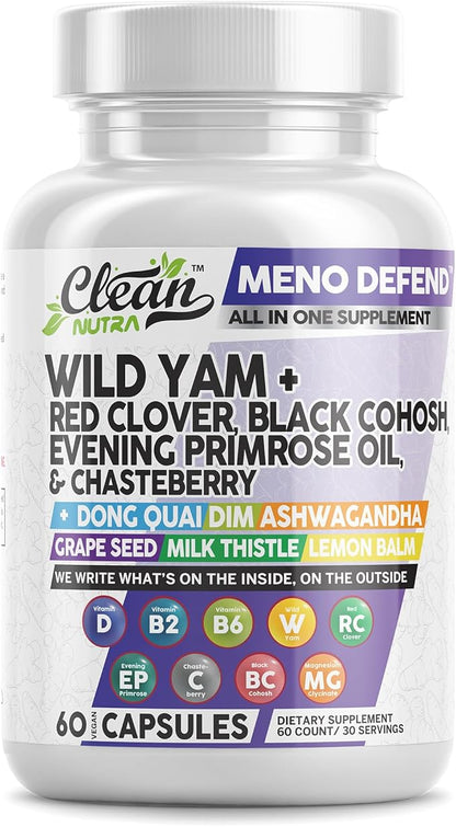Clean Nutra Wild Yam Root Capsules with Red Clover Black Cohosh Evening Primrose Oil Chasteberry Dong Quai DIM Ashwagandha Grape Seed Extract Milk Thistle Lemon Balm and more Hormone Balance For Women