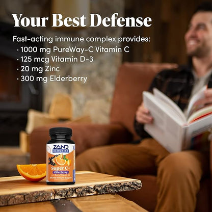 Zand Immunity Super C+ with Elderberry, All Day Immune Support, 1000mg PureWay-C Vitamin C Plus Zinc & Vitamin D-3, Enhanced Absorption, 60 Tablets, 30 Servings