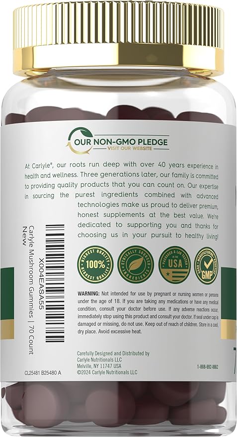 Carlyle Mushroom Supplement Gummies | 70 Vegan Gummies | 10-in-1 Blend | Non-GMO, and Gluten Free