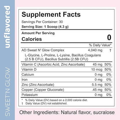 Project Ad Sweet' N Glow Zero Calorie Sugar Free Sweet'Ner with Collagen Building Agents (30 Servings, Unflavored)