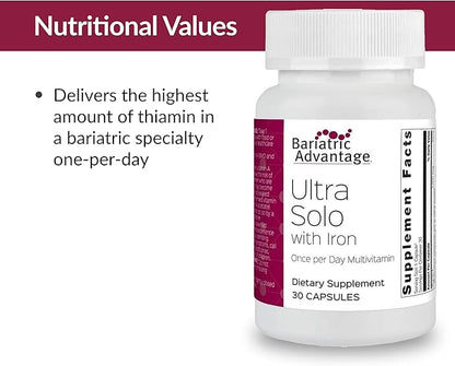 Bariatric Advantage Ultra Solo with Iron - Once-Per-Day Daily Multivitamin - for Bariatric Patients - with Thiamin, Vitamin A & More - Gluten Free - 30 Capsules