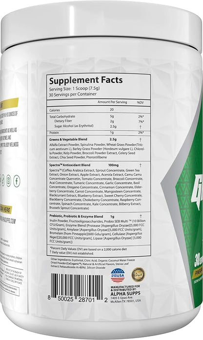Alpha Greens Supplement | Fruit & Vegetable Superfood Powder | Over 40 Natural Plant Based Ingredients | Prebiotic & Probiotic Digestive Support Blend - 30 Servings (Pineapple)