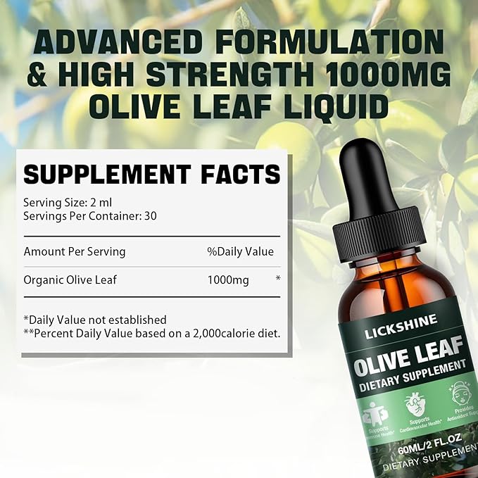 2 Pack 1000MG Olive Leaf Liquid Extract - Organic Olive Leaf Drops Supplement Tincture for Better Absorption - Immune & Heart Support Gluten-Free, Non-GMO, Vegan, 4 Fl Oz
