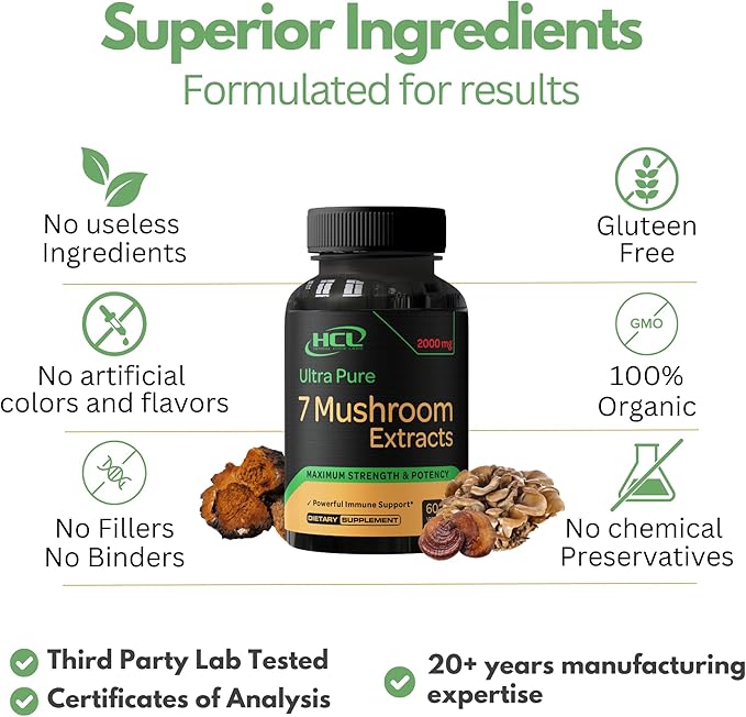 Organic Mushroom Supplement Extracts of Lions Mane Cordyceps Chaga Reishi Turkey Tail Maitake Shiitake Capsules - Natural Vitamins Minerals Antioxidants Supplement - Made in The USA