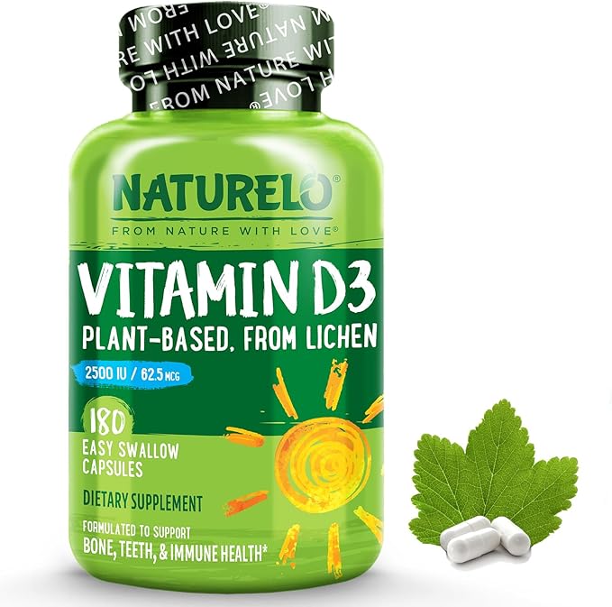 NATURELO Vitamin D - 2500 IU - Plant Based from Lichen - Natural D3 Supplement for Immune System, Bone Support, Joint Health - Vegan - Non-GMO - Gluten Free - 180 Capsules