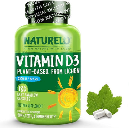 NATURELO Vitamin D - 2500 IU - Plant Based from Lichen - Natural D3 Supplement for Immune System, Bone Support, Joint Health - Vegan - Non-GMO - Gluten Free - 180 Capsules