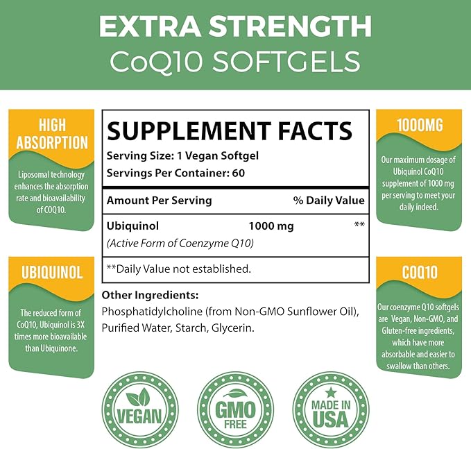 1000mg Liposomal CoQ10 Softgels | Better Absorption CoQ10 Ubiquinol Supplement | Heart Function & Energy Production | Active Antioxidant Form of Vegan Coenzyme Q10 | Non-GMO | 120 Softgels