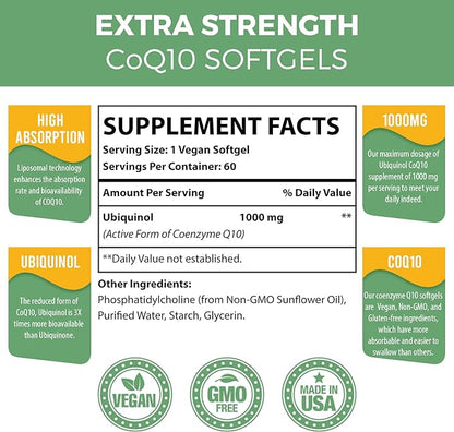 1000mg Liposomal CoQ10 Softgels | Better Absorption CoQ10 Ubiquinol Supplement | Heart Function & Energy Production | Active Antioxidant Form of Vegan Coenzyme Q10 | Non-GMO | 120 Softgels