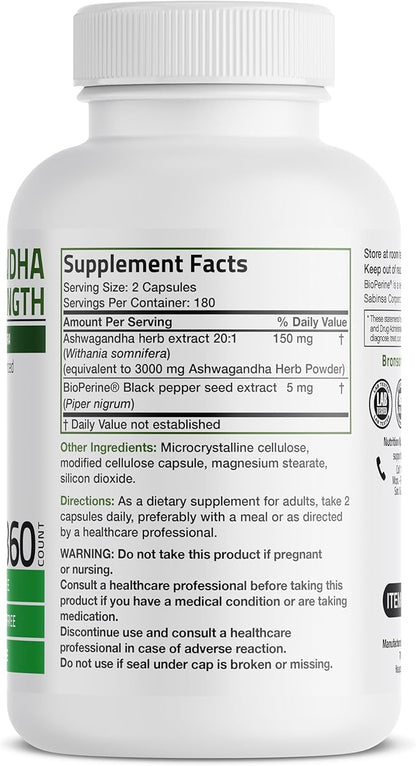Bronson Ashwagandha Extra Strength Stress & Mood Support with BioPerine - Non GMO Formula, 360 Vegetarian Capsules