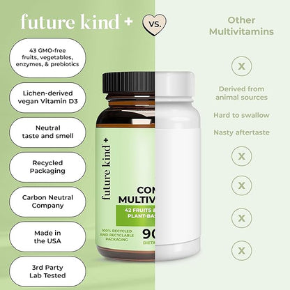 Future Kind Vegan Multivitamins Complete - 42-in-1 Vegan Multivitamins for Women & Men with Enzymes, B12, Zinc, & Probiotics for Digestion (90 tabs in Recycled Bottle)