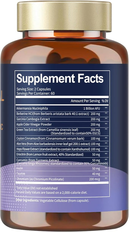 13 in 1 GLP-1 Natural Support, GLP-1 Supplement with Akkermansia Probiotic, Berberine HCI, Garcinia Cambogia, Apple Cider Vinegar, Green Tea Extract, 120 Capsules