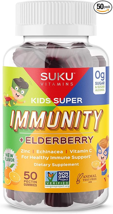 Kids Super Immunity - Elderberry, Echinacea, Vitamin A and Zinc Gummies for Immune Support - Easy to Chew - Non GMO, Gluten Sugar Free - Pomegranate Lime Gummy Vitamins, 50 Count