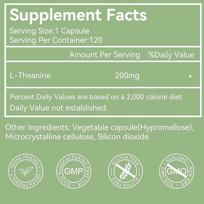 L-Theanine 200mg, Amino Acid Supplement to Support Relaxation, Stress, L Theanine Capsules - Non-GMO, Gluten Free, 120 Veg Capsules