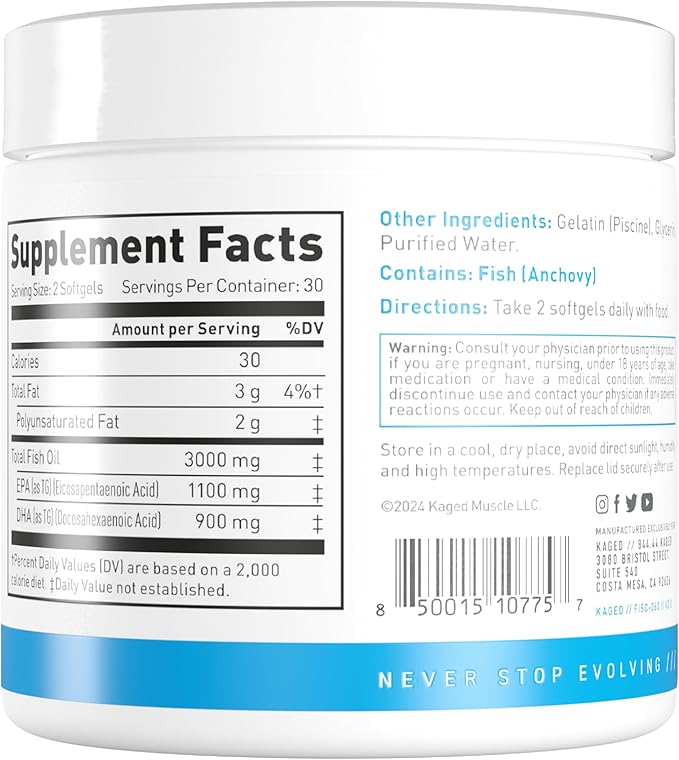 Kaged Omega 3 Fish Oil Supplement, 3000mg Omega 3 Fatty Acid with EPA & DHA, Ultra-Pure, No Fish Burps, 60 Pills