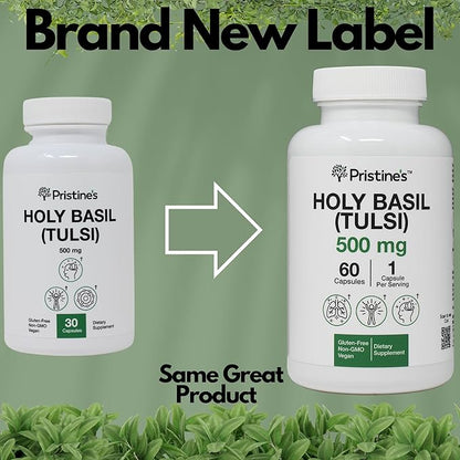 PRISTINE'S Holy Basil (Tulsi) 500 mg (3 Pack) Relaxation & Immunity Support Adaptogen Supplement - 180 Day Supply - Holy Basil Leaf Capsules - Vegan - Non-GMO - Gluten Free Supplements