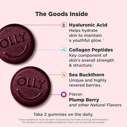 OLLY Glowing Skin Collagen Gummy, Hydrated, Youthful Skin, Hyaluronic Acid, Sea Buckthorn, Chewable Supplement, Berry, 25 Day Supply - 50 Count