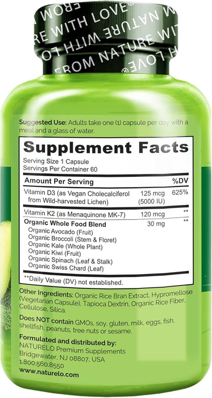 NATURELO Vitamin D3 K2 - Vegan K2+D3 with Plant Based D3 from Lichen - Natural D3 Supplement for Immune System, Bone Support, Heart Health - Whole Food - Non-GMO - Gluten Free, 60 Capsules
