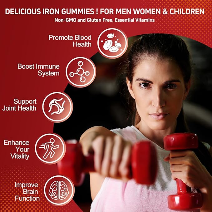 Iron Supplement for Women, Men & Kids, Iron 65mg & Vitamin C 250mg per Serving with B6 B12 Folate- Energy Support for Iron Deficiency, Anemia, Vegan Gummy Cherry Flavor, 60 Count