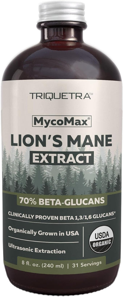 MycoMax Lions Mane Extract - 70% Beta Glucans, Max Potency Organic Lions Mane Supplement, US Grown + Ultrasonic Extraction - 500 mg per serving - Mental Clarity, Focus and Memory - 8 oz.