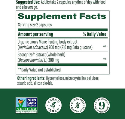 MegaFood Superfood Mushroom Focus Support - Doctor Formulated Lions Mane Supplement Capsules - Lions Mane Mushroom Supplement with Clinically Studied Bacopa - Vegan - 60 Capsules, 30 Servings