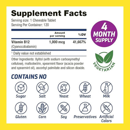Vitamin B12 1000 Mcg, B12 Vitamins 1000 Mcg Help to Increase Metabolism, Energy Production and Nervous System Support, 120 Chewable Tablets - 1 Tablet Per Serving, Non-GMO & Gluten Free