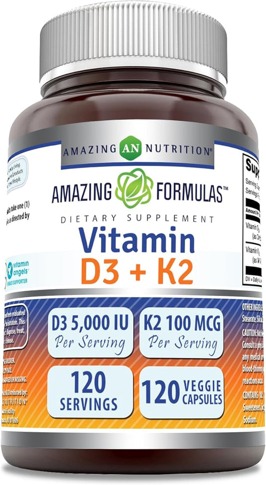 Amazing Formulas Vitamin D3 5000 IU with Vitamin K2 100 Mcg | 120 Veggie Capsules Supplement | Non-GMO | Gluten Free | Made in USA