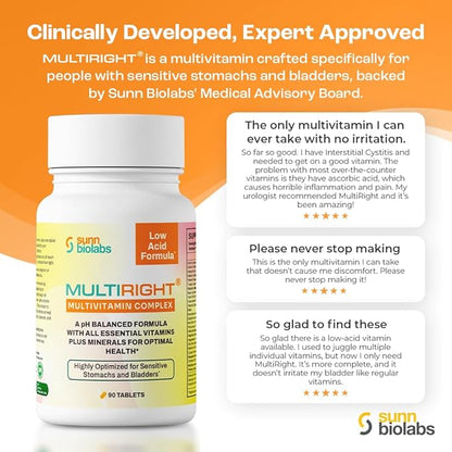 MULTIRIGHT | LOW ACID MULTIVITAMIN for Sensitive Stomachs, Bladders or IC | 14 Vitamins & 14 Minerals | Bladder-Friendly, pH Balanced | Easy on Digestion-Less Acidic | Buffered Vitamin C | 270 Tab (3)