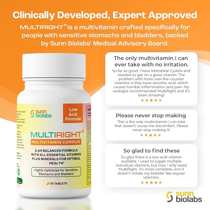 MULTIRIGHT | LOW ACID MULTIVITAMIN for Sensitive Stomachs, Bladders or IC | 14 Vitamins & 14 Minerals | Bladder-Friendly, pH Balanced | Easy on Digestion-Less Acidic | Buffered Vitamin C | 180 Tab (2)