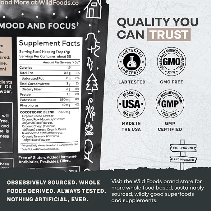 Organic Cocotropic Superfood Mushroom Hot Chocolate Mix, 8 oz | Non-GMO, Vegan, Gluten Free, Reishi Mushrooms, Chaga