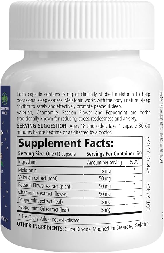 Melatonin Sleep Herbal Blend - Natural Support for Restful Nights with 5mg Melatonin & Calming Herbs - Drug-Free Dietary Supplement, 60 Capsules, 60-Day Supply