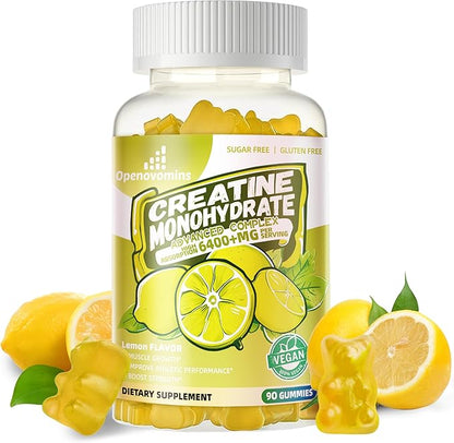 Creatine Monohydrate Gummies Complex for Men & Women -Advanced Formula W/L-Taurine + Vitamin B12, Sugar Free Chewable Supplement,90 Lemon Gummies