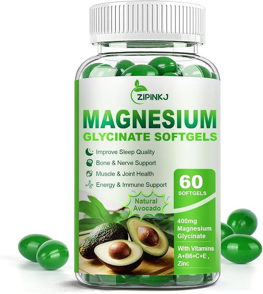 Magnesium Glycinate 400mg, High Absorption Magnesium Supplements Softgels with Vitamin E, B6, Zinc for Sleep, Calm, Muscle Relaxation & Bone Health, Gluten-Free, Non-GMO, 60 softgels
