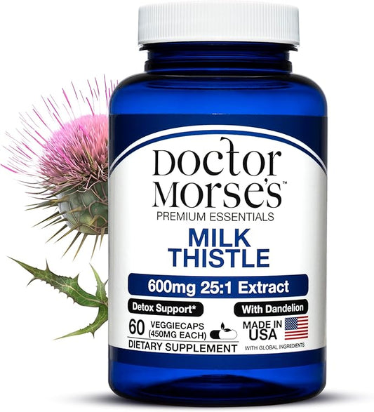 Doctor Morse Milk Thistle Supplement 25:1 Extract 600mg Equivalent to 15000mg, Liver Detox Support 4:1 Extract 300mg Equivalent to 1200mg Dandelion Root - FDA Certified Ultra Potent Formula - 60 Caps