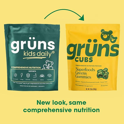 Gruns Kids Vitamins, Super Greens Gummies - Superfood Gummy Bears with Spirulina, Chlorella, Prebiotics Fiber for Digestive Health, Adaptogens Supplement with 20 Vitamins & Minerals, 28 Day Supply