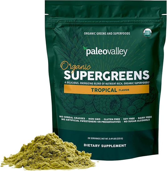 Paleovalley Organic Supergreens Powder - 23 Superfoods with Prebiotic Fiber for Energy and Immunity Support - No Cereal Grasses for Maximum Absorption - Tropical, 30 Servings