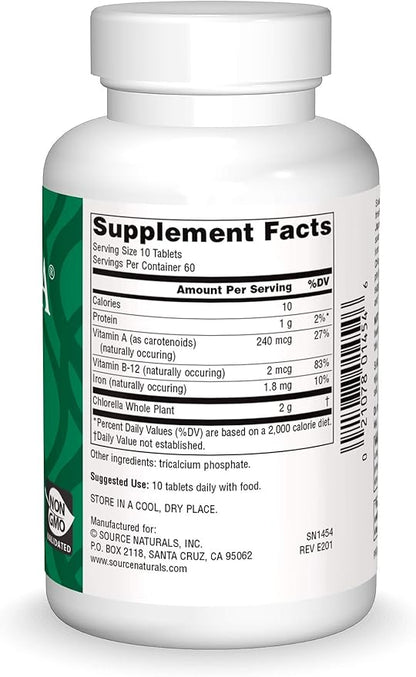 Source Naturals Yaeyama Chlorella Green Superfood, Plant-Based B12* - 200 mg, 600 Tablets
