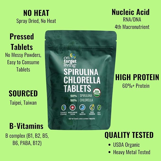 On Target Living Organic Spirulina Chlorella | USDA Organic | 1000 Tablets- 250 G (8.8 oz) | Vegan | Immune System Boosting | Alkalyzing | Nutrient Dense | Detoxifying | Protein Dense