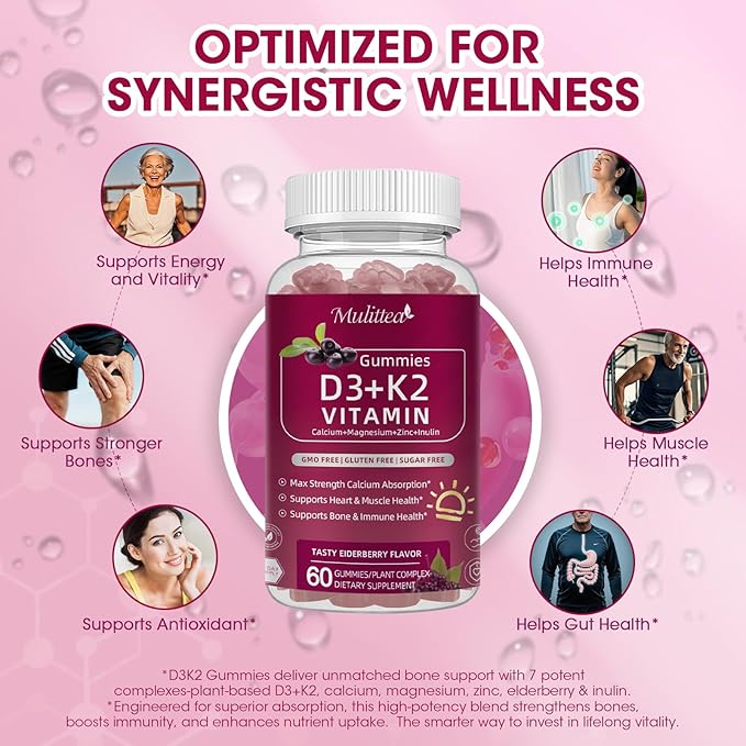 Vitamin D3 10000 IU + K2 (MK7) 200mcg w/Calcium Magnesium Zinc Elderberry & Inulin-Highly Bioavailable-Enhanced Absorption for Immune & Bone Support- K2 D3 Vitamin Supplement-Vegan Gummies
