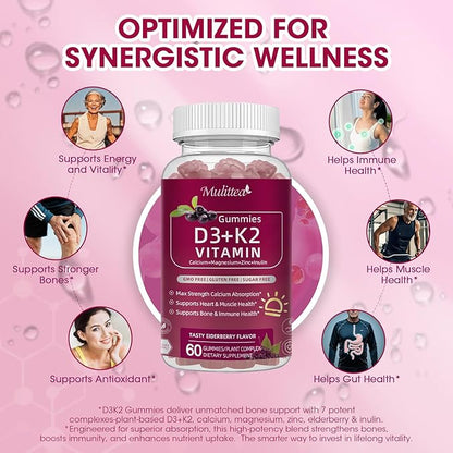 Vitamin D3 10000 IU + K2 (MK7) 200mcg w/Calcium Magnesium Zinc Elderberry & Inulin-Highly Bioavailable-Enhanced Absorption for Immune & Bone Support- K2 D3 Vitamin Supplement-Vegan Gummies