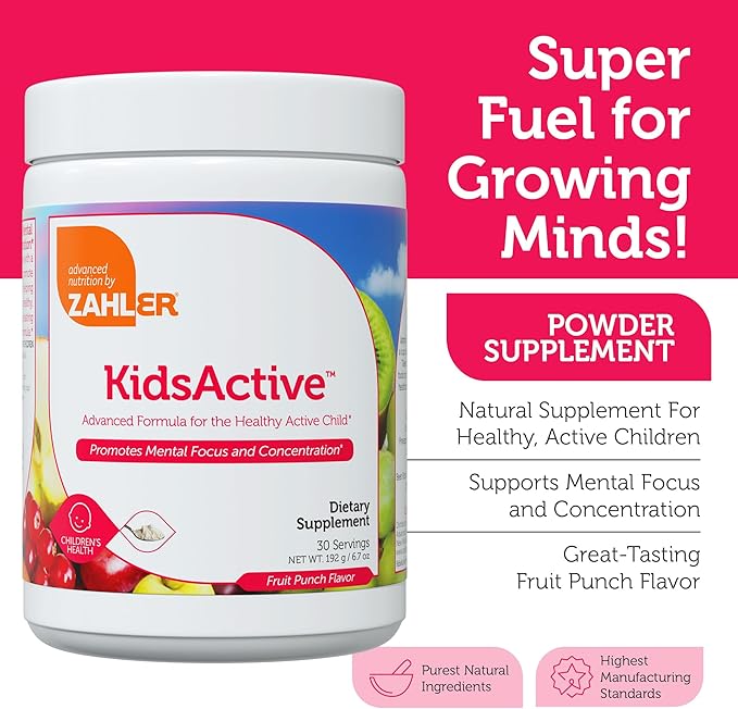 Zahler KidsActive, Kids Concentration Formula Powder, All Natural Children’s Supplement Supporting Focus, Certified Kosher, 29 Servings Fruit Punch Flavored Powder