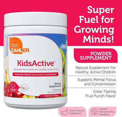 Zahler KidsActive, Kids Concentration Formula Powder, All Natural Children’s Supplement Supporting Focus, Certified Kosher, 29 Servings Fruit Punch Flavored Powder