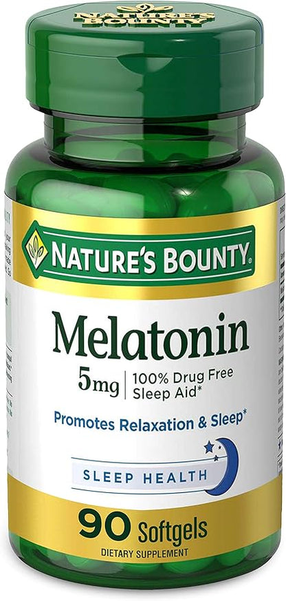 Nature's Bounty Melatonin, 100% Drug Free Sleep Aid, Dietary Supplement, Promotes Relaxation and Sleep Health, 5mg, 90 Softgels (Pack of 2)